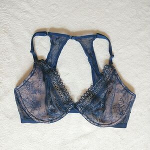 Victoria's Secret Very Sexy Unlined Plunge Bra 34DD Blue Lace Underwire Scallop